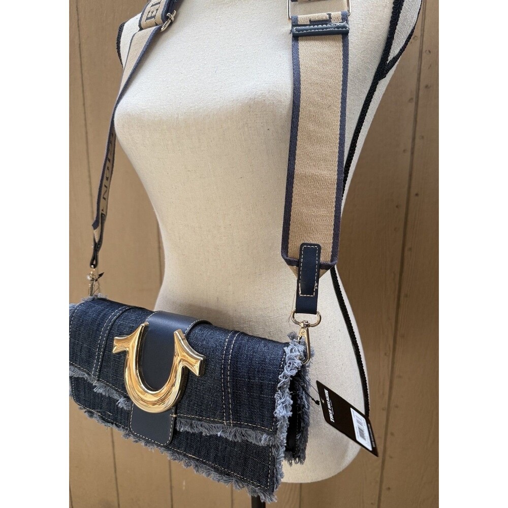 True Religion Dark Blue Shoulder Bag Logo Accent Adjustable Strap Women new - Picture 5 of 7